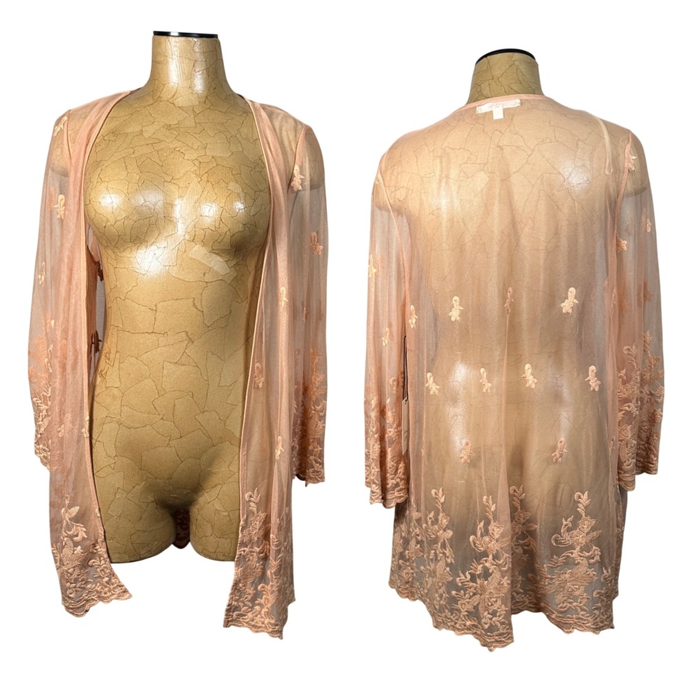Peach Sheer Mesh Embroidered Lace Kimono Cardigan Large Ethereal Fairy Layyering